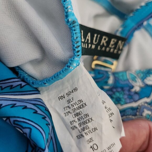 Lauren Ralph Lauren One-Piece Swimsuit 10 Bandana Paisley Aqua Blue Ruched V Nec - Picture 9 of 11